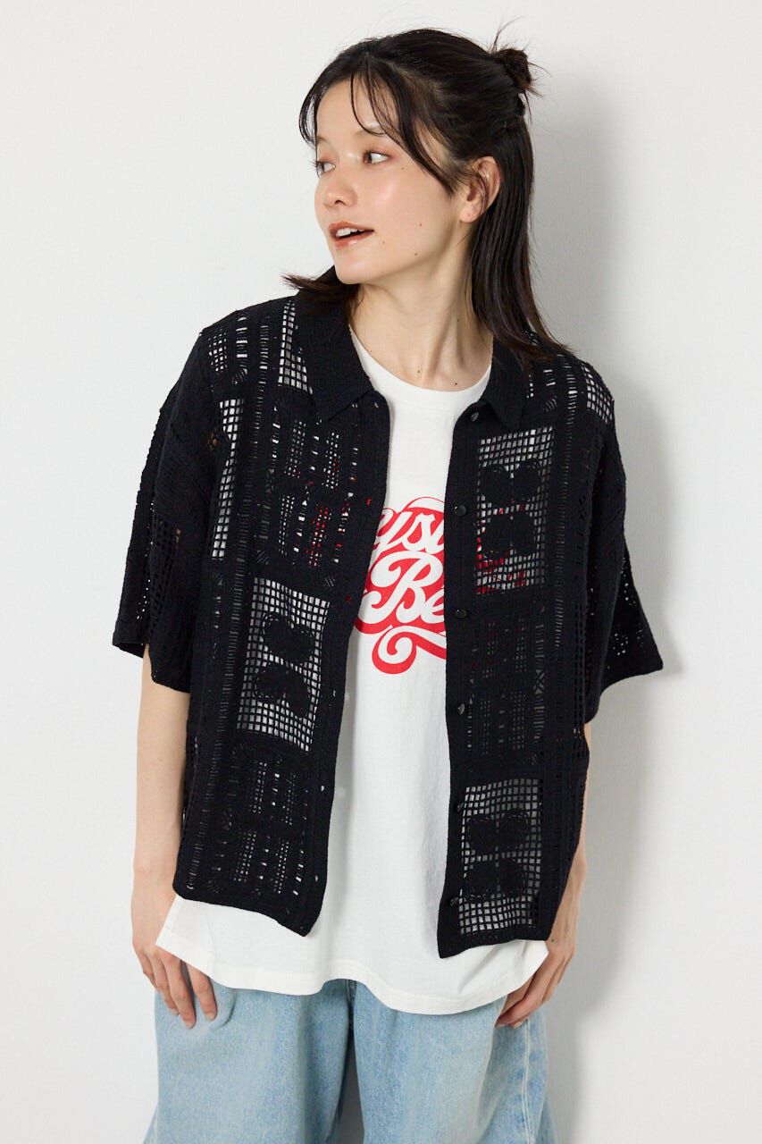 RODEO CROWNS「スクエアクロシェニットシャツ」|カーディガン|BLK