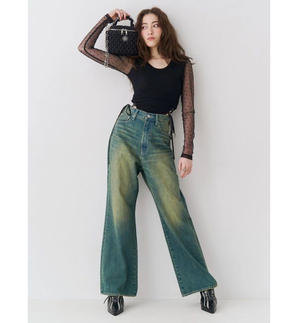 EVRIS「BACKスラッシュレースワイドデニムパンツ」|デニム|
