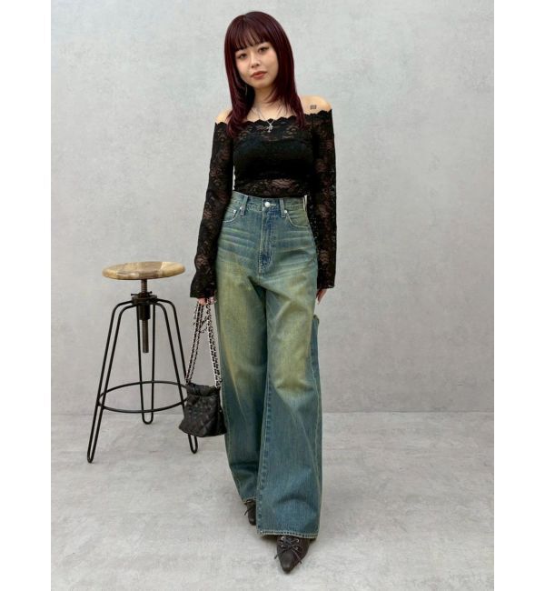EVRIS「BACKスラッシュレースワイドデニムパンツ」|デニム|