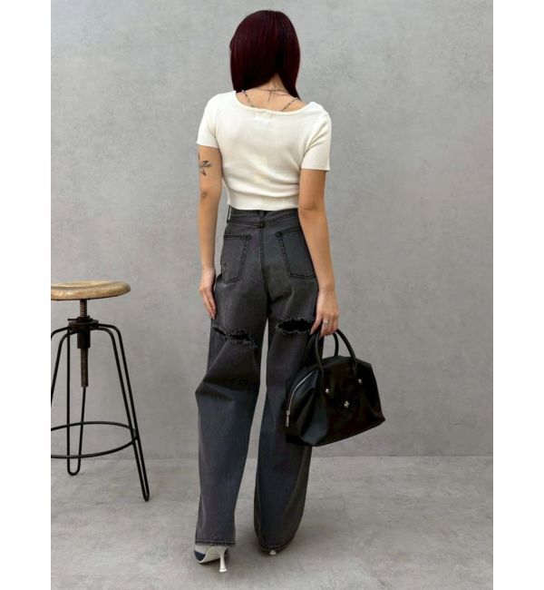 EVRIS「BACKスラッシュレースワイドデニムパンツ」|デニム|