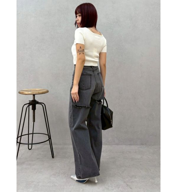 EVRIS「BACKスラッシュレースワイドデニムパンツ」|デニム|