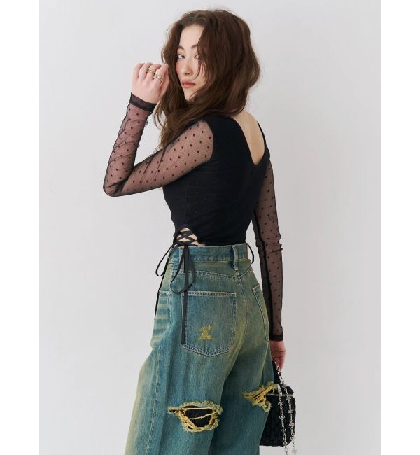 EVRIS「BACKスラッシュレースワイドデニムパンツ」|デニム|
