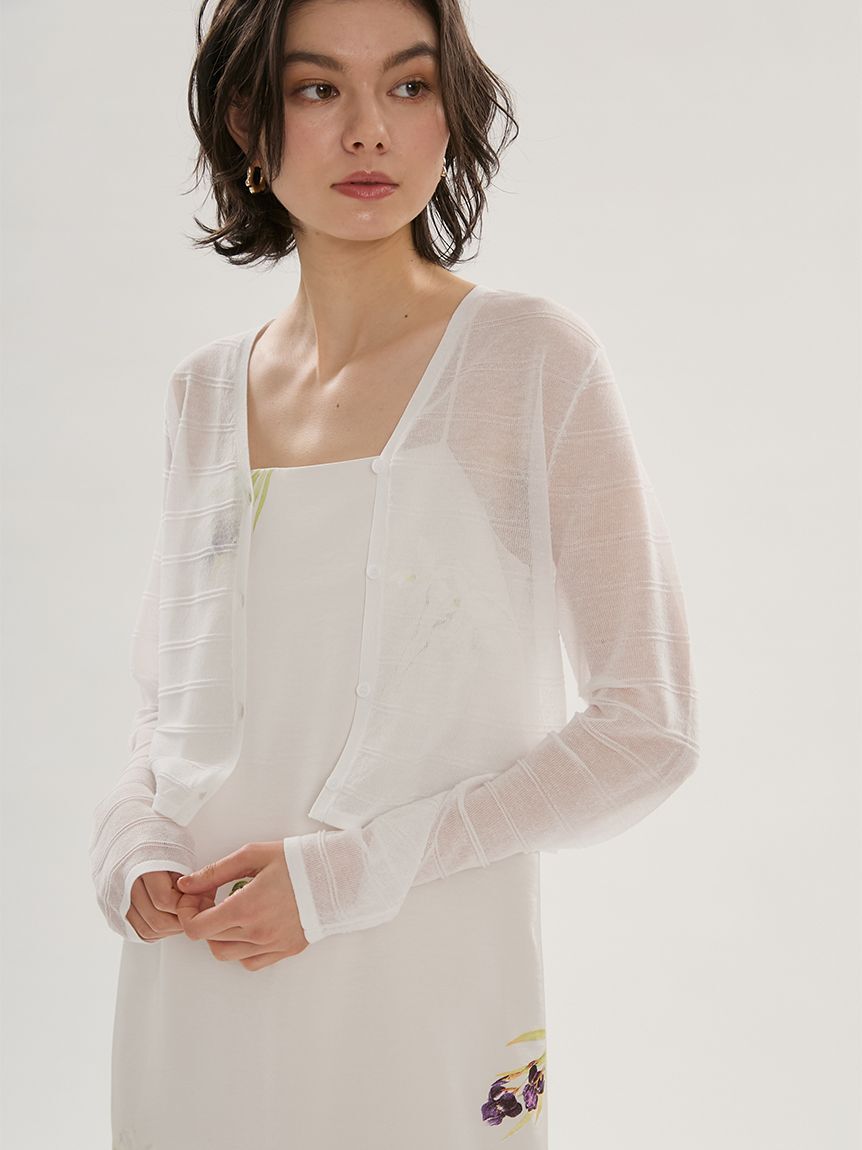 emmi atelier「リネン混Vネックシアーボーダーニットカーディガン/ハンドウォッシャブル」|カーディガン|