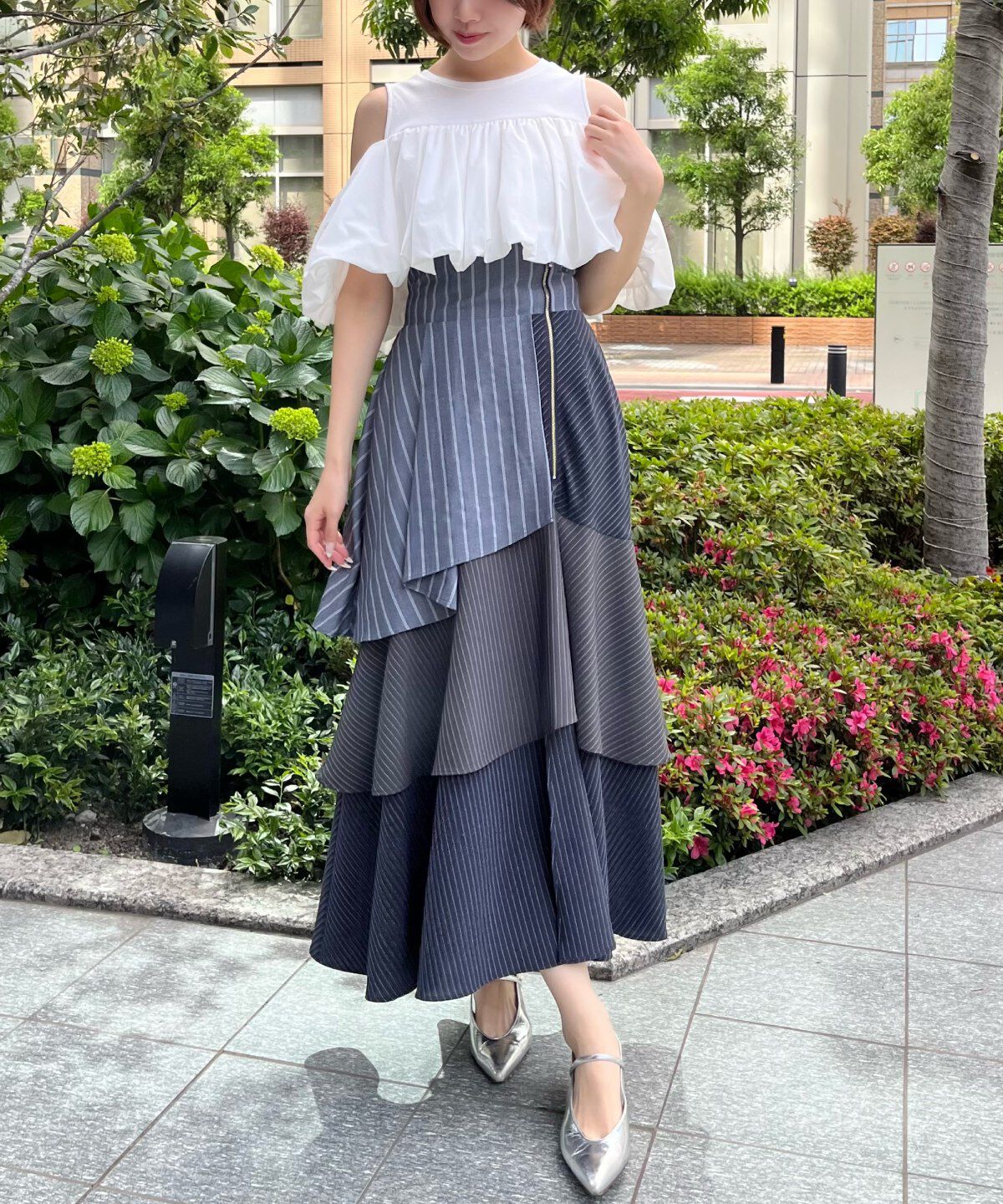 アンドクチュール「ストライプパッチワークスカート」|フレア|Navy/borderｽﾄﾗｲﾌﾟ