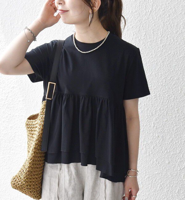 SHIPS any「SHIPS any:〈洗濯機可能〉ジャージー ダブルヘム ペプラム TEE」|Tシャツ・カットソー|ブラック
