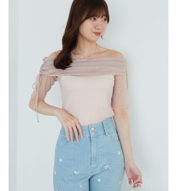  「&infin;ラメチュールオフショル半袖トップス」|Tシャツ・カットソー|