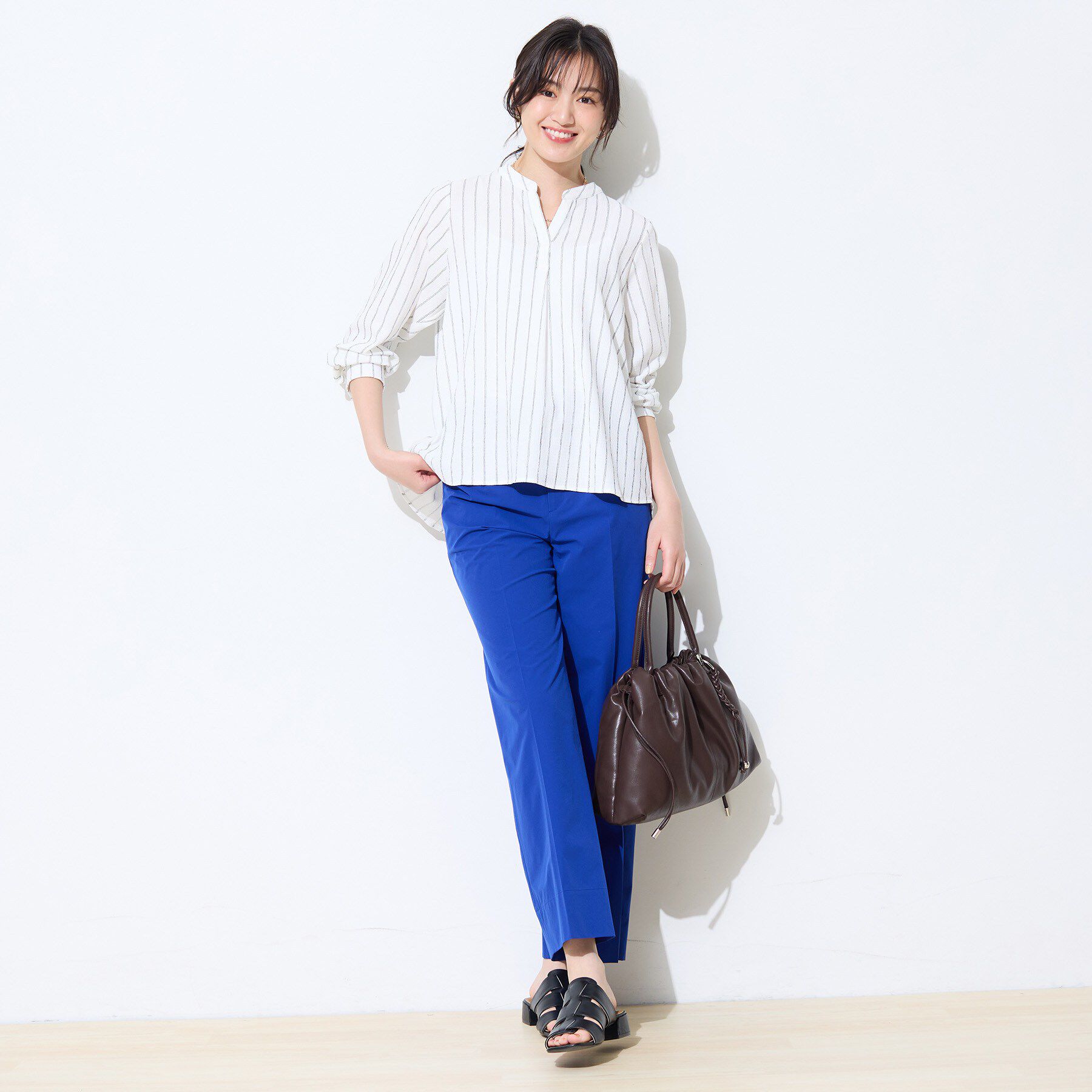 INDIVI「【洗える／着心地楽ちん】ブラウス風ストライプカットソートップス」|Tシャツ・カットソー|