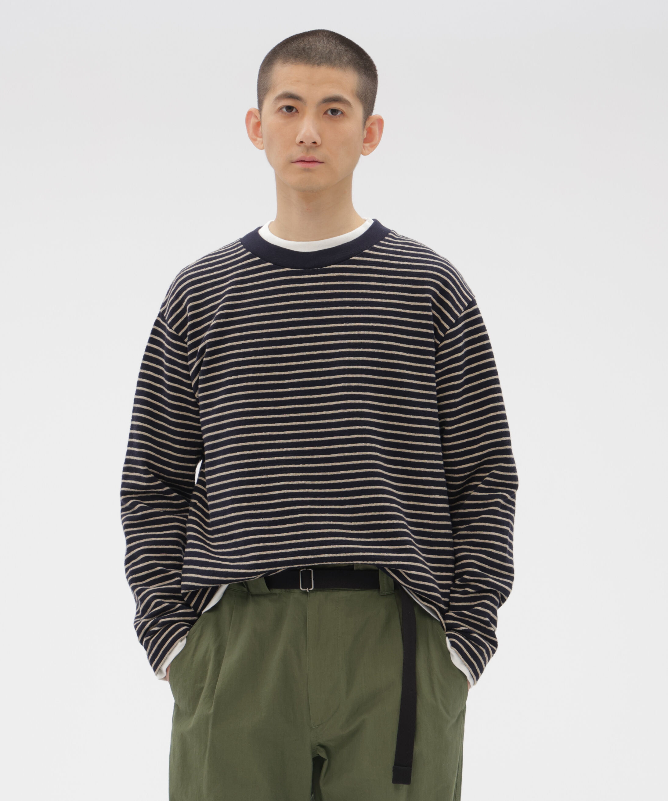 MHL.「TEXTURED COTTON STRIPE TOP」|Tシャツ・カットソー|NAVY