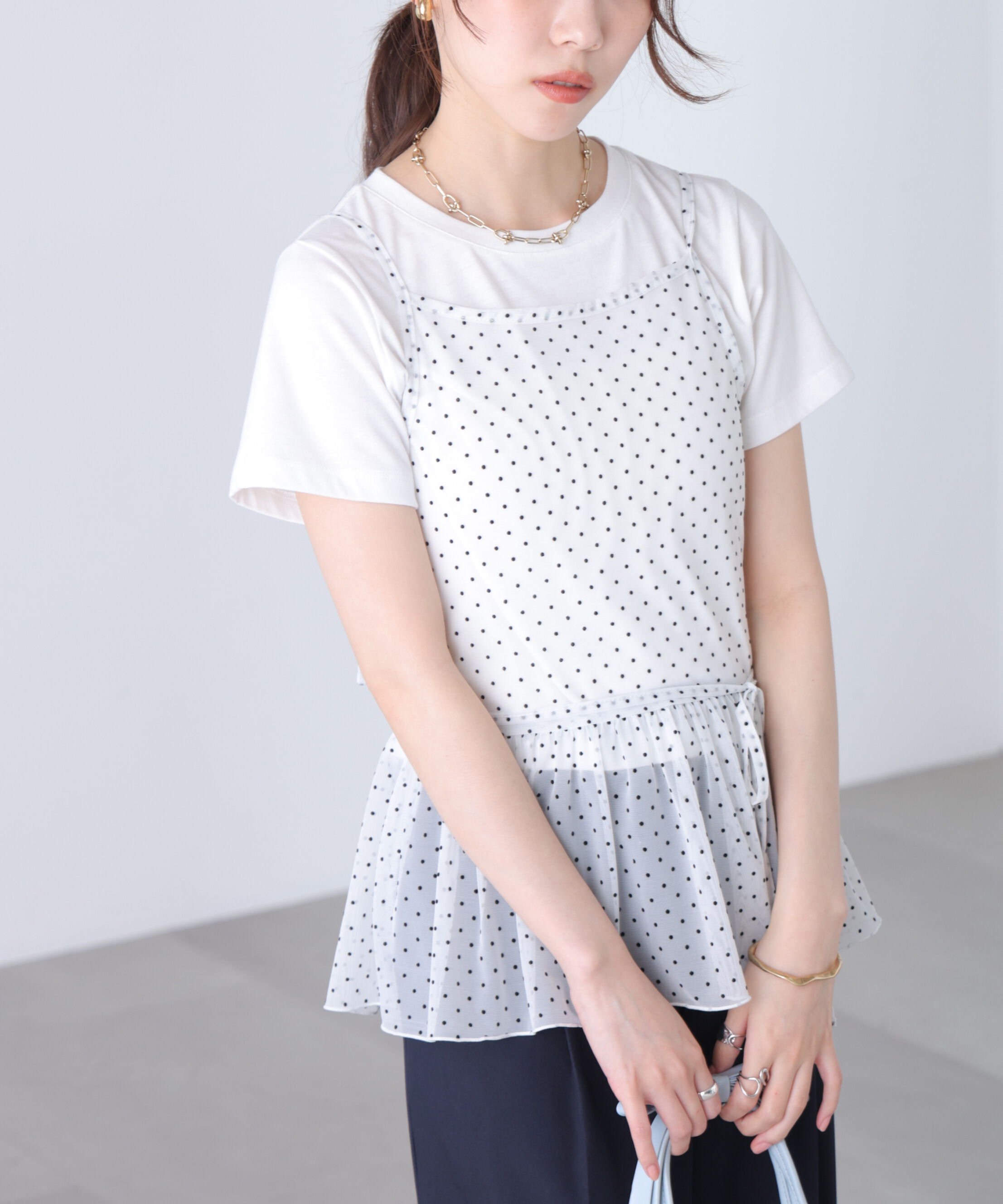  「2WAYシアードットホルターキャミ&times;半袖カットソーセット」|Tシャツ・カットソー|