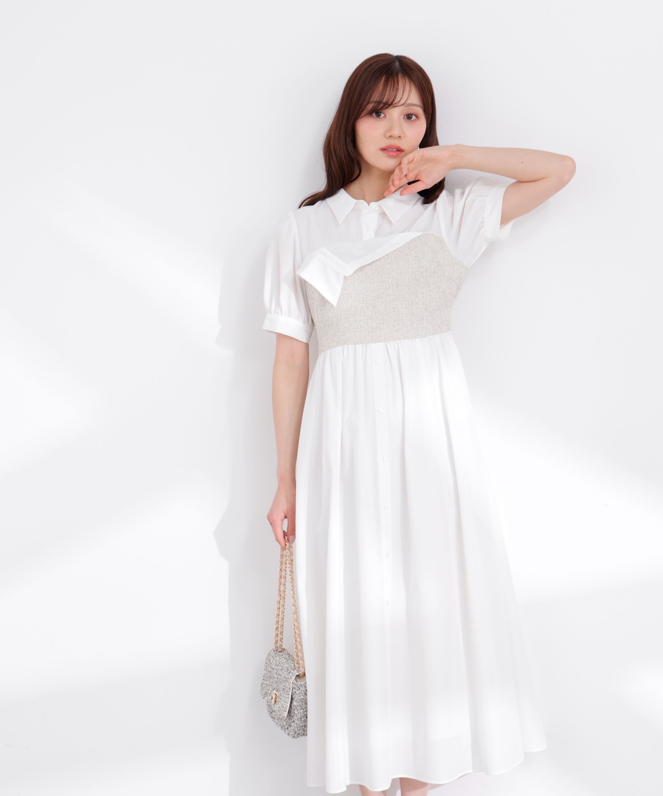 PROPORTION BODY DRESSING「《EDIT COLOGNE》ツイードビスチェ付きシャツワンピース 26SS」|ワンピース|ホワイト&times;アイ