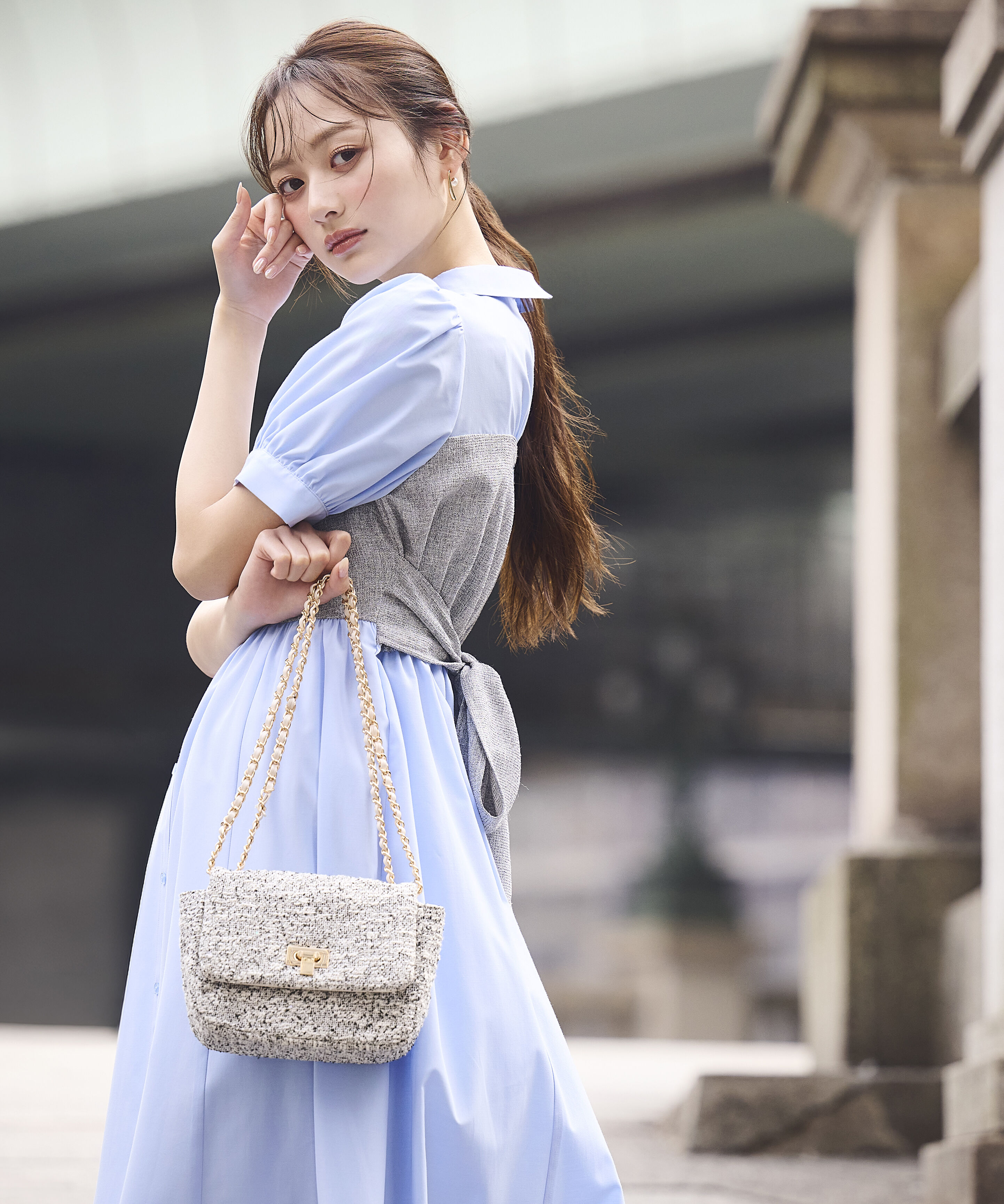 PROPORTION BODY DRESSING「《EDIT COLOGNE》ツイードビスチェ付きシャツワンピース 26SS」|ワンピース|