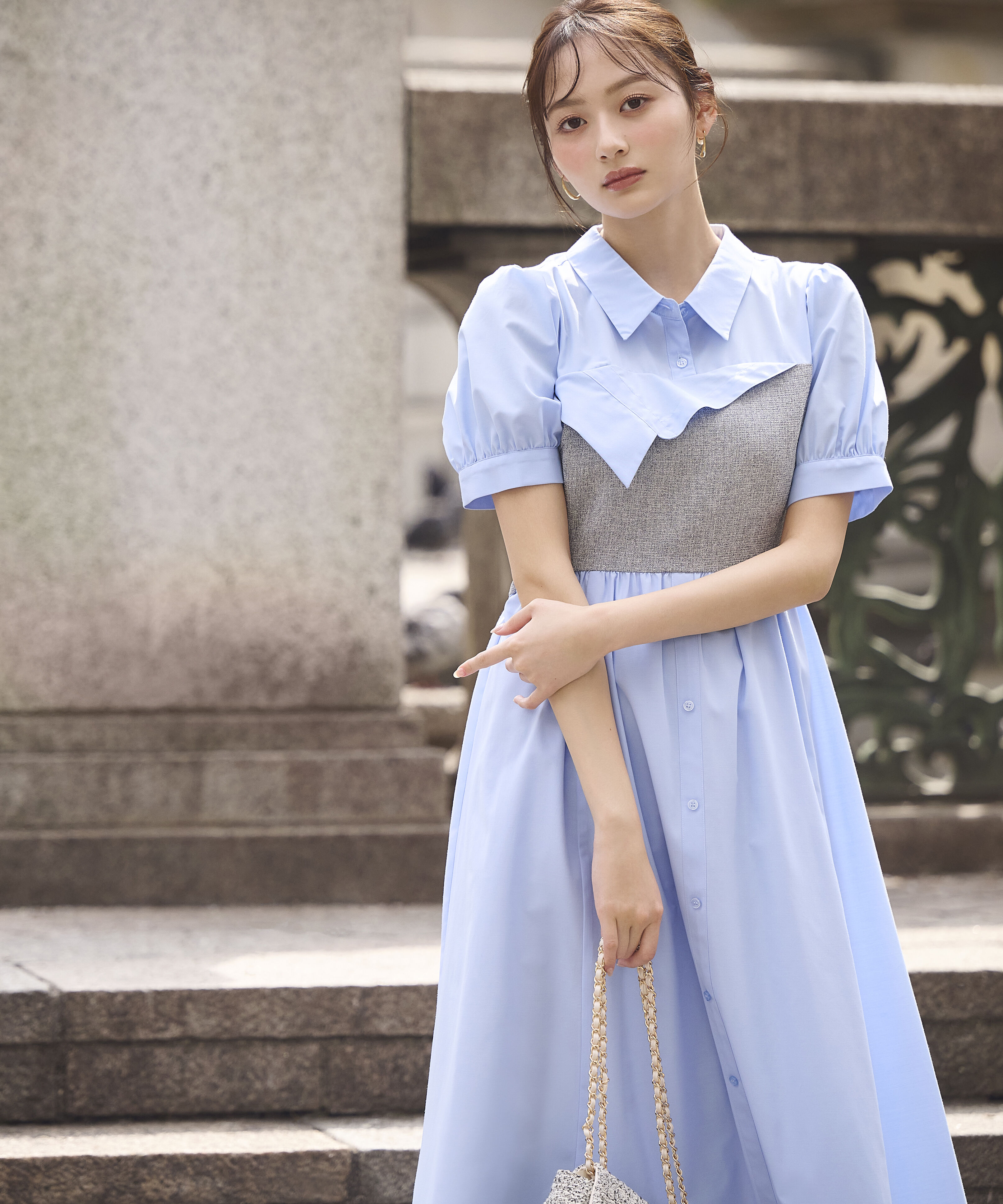 PROPORTION BODY DRESSING「《EDIT COLOGNE》ツイードビスチェ付きシャツワンピース 26SS」|ワンピース|