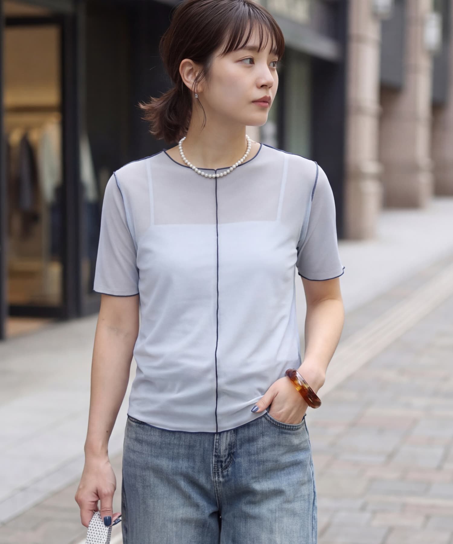 STYLE DELI「トリミング半袖シアートップス」|Tシャツ・カットソー|ブルー