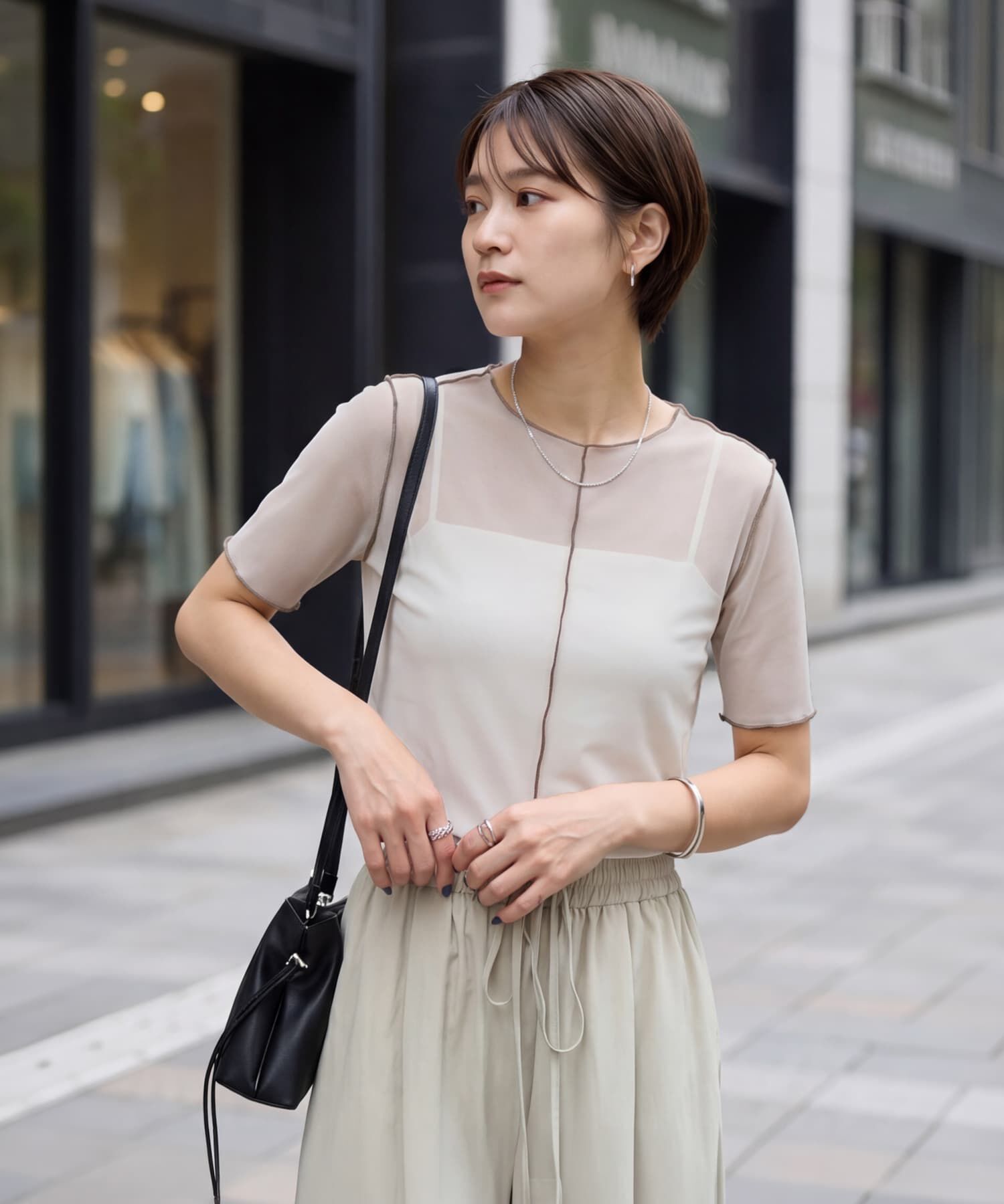 STYLE DELI「トリミング半袖シアートップス」|Tシャツ・カットソー|アイボリー
