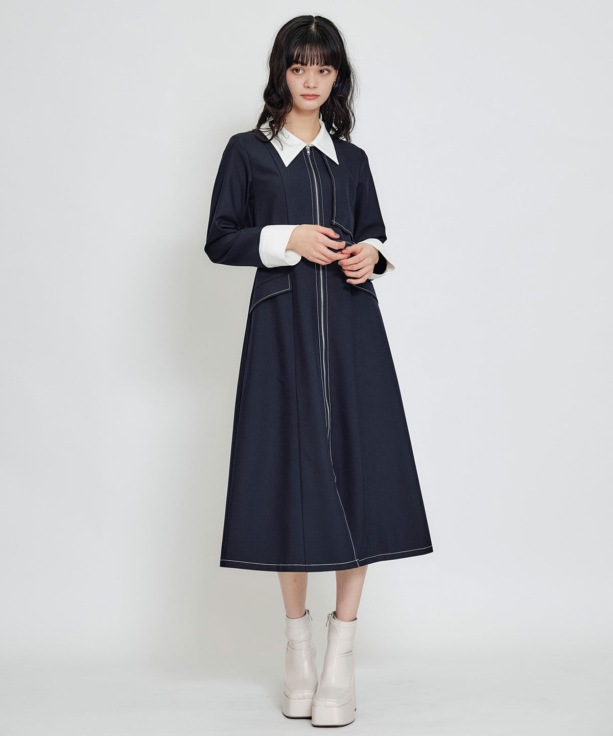 REDYAZEL「フロントZIPバイカラーロングシャツワンピース」|ワンピース|