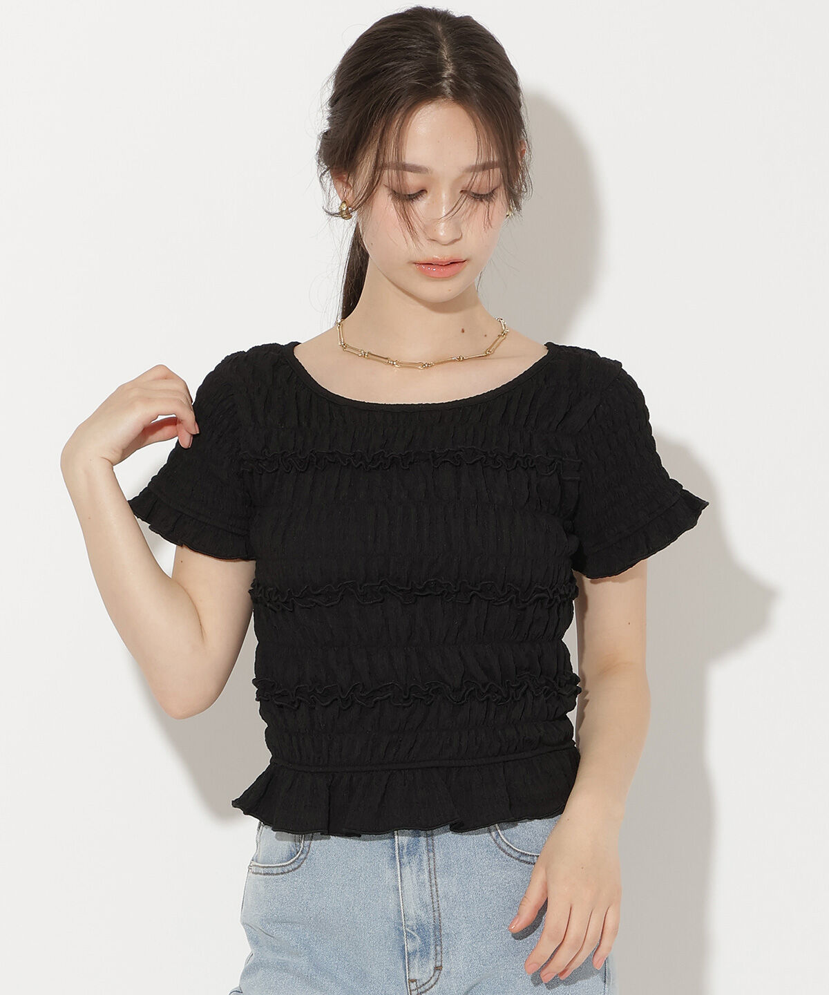 WILLSELECTION「シャーリングフリルトップス」|Tシャツ・カットソー|ブラック