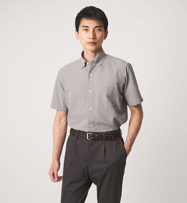 UNITED ARROWS green label relaxing「ポリエステル ラッカン ギンガムチェック スタンダード スナップ ボタンダウン 半袖 シャツ -ストレッチ・」|シャツ・ブラウス|DK.BROWN