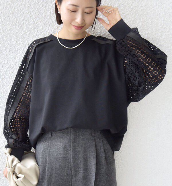 SHIPS for women「《追加予約》【WEB限定】〈手洗い可能〉レース コンビ カットソー」|Tシャツ・カットソー|ブラック