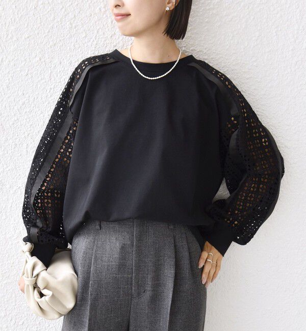SHIPS for women「《追加予約》【WEB限定】〈手洗い可能〉レース コンビ カットソー」|Tシャツ・カットソー|