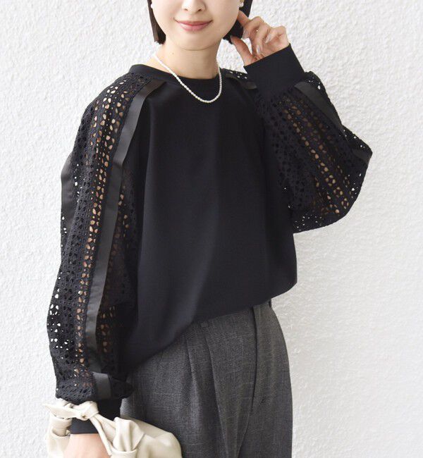 SHIPS for women「《追加予約》【WEB限定】〈手洗い可能〉レース コンビ カットソー」|Tシャツ・カットソー|