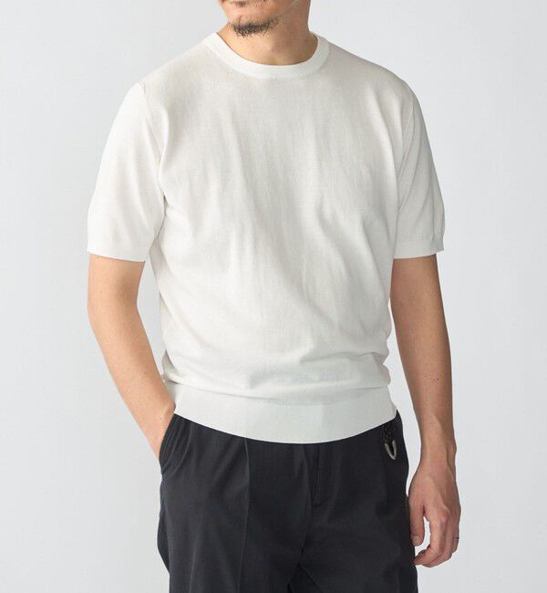 SHIPS「SHIPS:〈接触冷感〉 ICE COTTON クルーネック ショート スリーブ ニット Tシャツ」|ニット・セーター|ホワイト