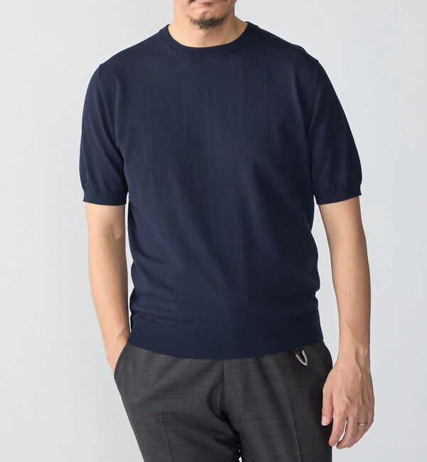 SHIPS「SHIPS:〈接触冷感〉 ICE COTTON クルーネック ショート スリーブ ニット Tシャツ」|ニット・セーター|ネイビー