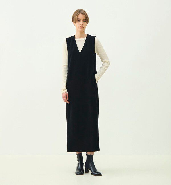 MACPHEE「【一部追加予約】コットンポリエステルベロア Vネックワンピース」|ワンピース|