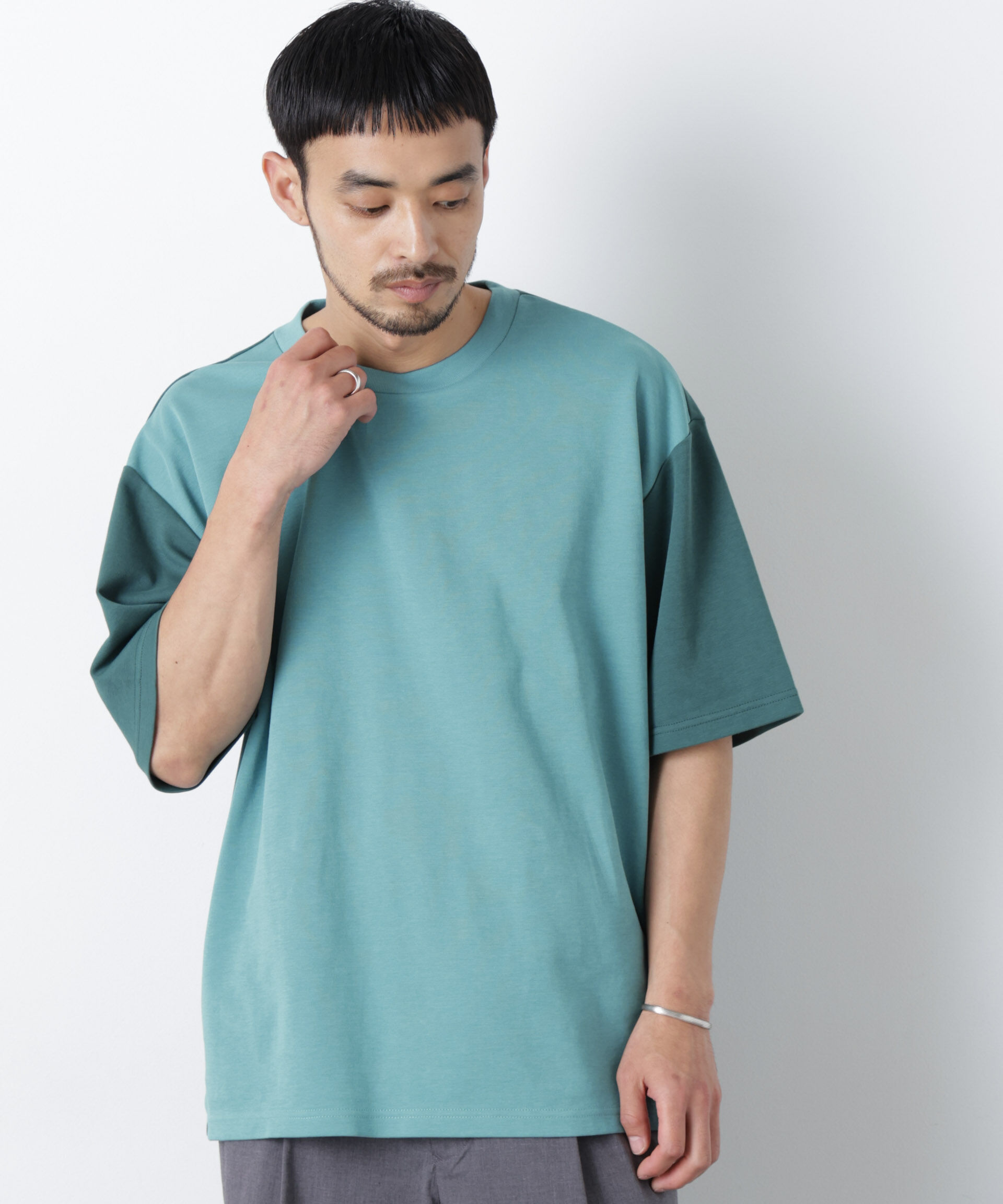 nano･universe「2トーンシルケット切り替えTシャツ 半袖」|Tシャツ・カットソー|エメラルド3