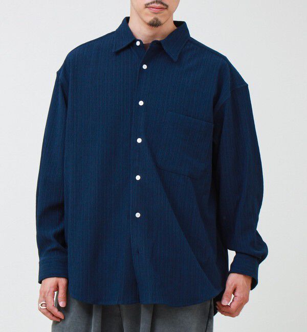 GLOSTER「Stripe crepe ストライプ楊柳 ロングスリーブオーバーサイズシャツ　」|シャツ・ブラウス|ブルー系その他