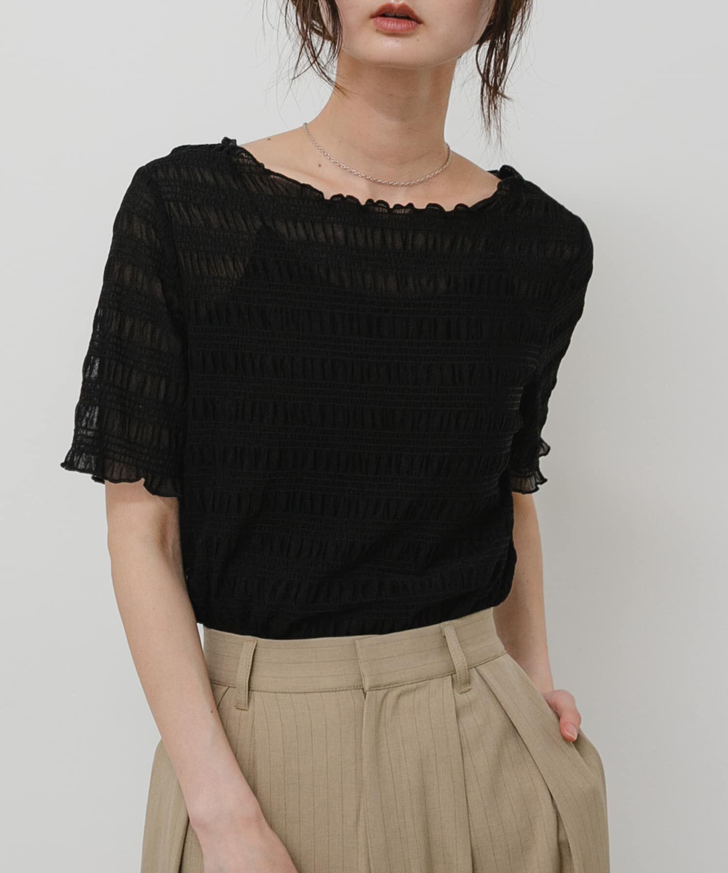 SENSE OF PLACE by URBAN RESEARCH「シャーリングシアートップ(5分袖)」|Tシャツ・カットソー|ブラック