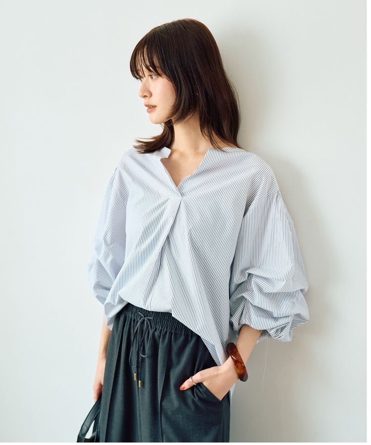 YECCA VECCA「タックスリーブスキッパーブラウス」|シャツ・ブラウス|ストライプホワイト