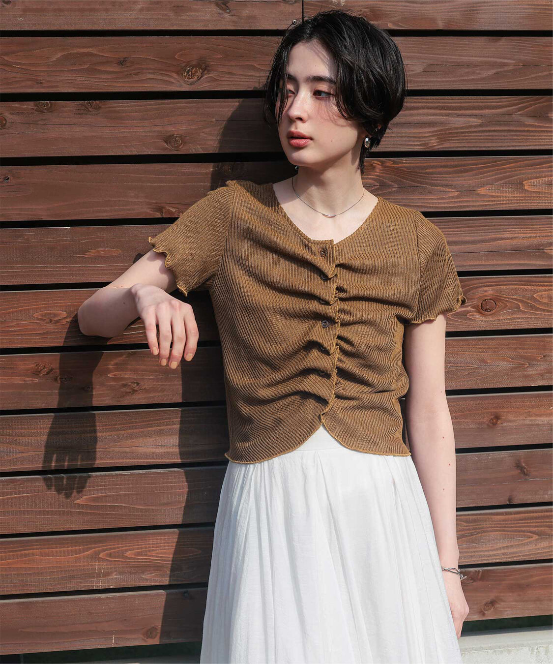 titivate「フロントギャザー半袖トップス」|Tシャツ・カットソー|ブラウン