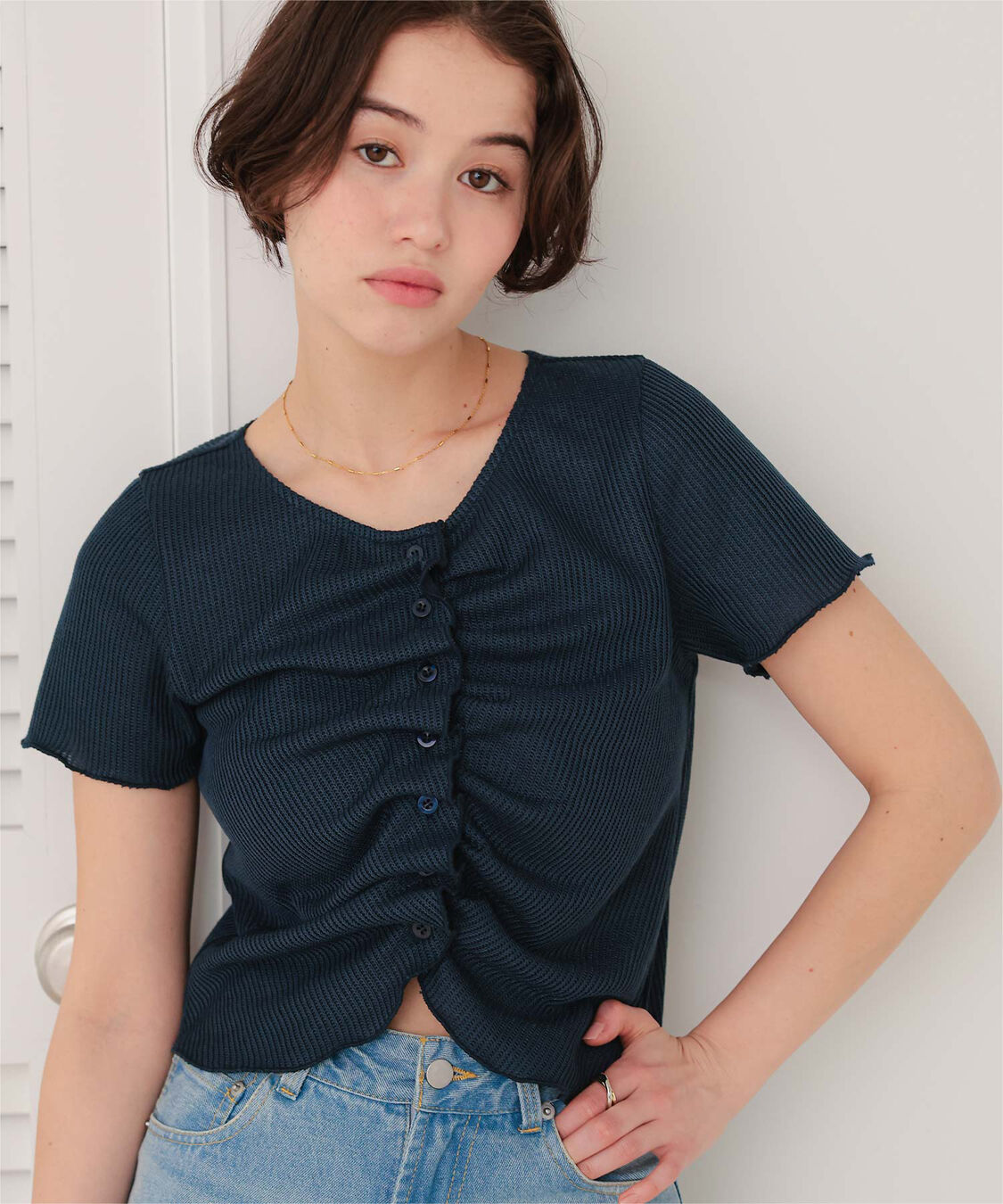 titivate「フロントギャザー半袖トップス」|Tシャツ・カットソー|ネイビー