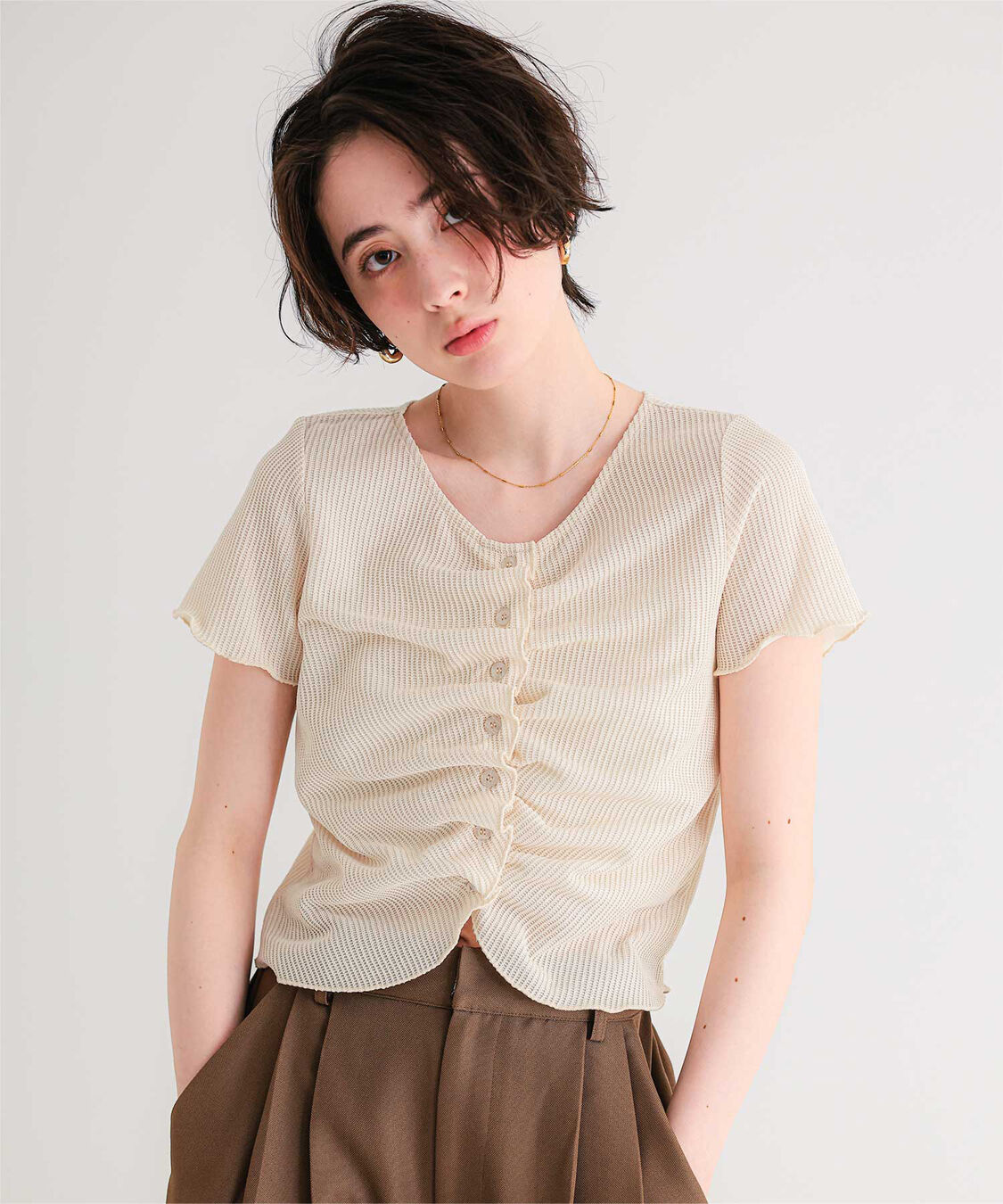 titivate「フロントギャザー半袖トップス」|Tシャツ・カットソー|クリーム