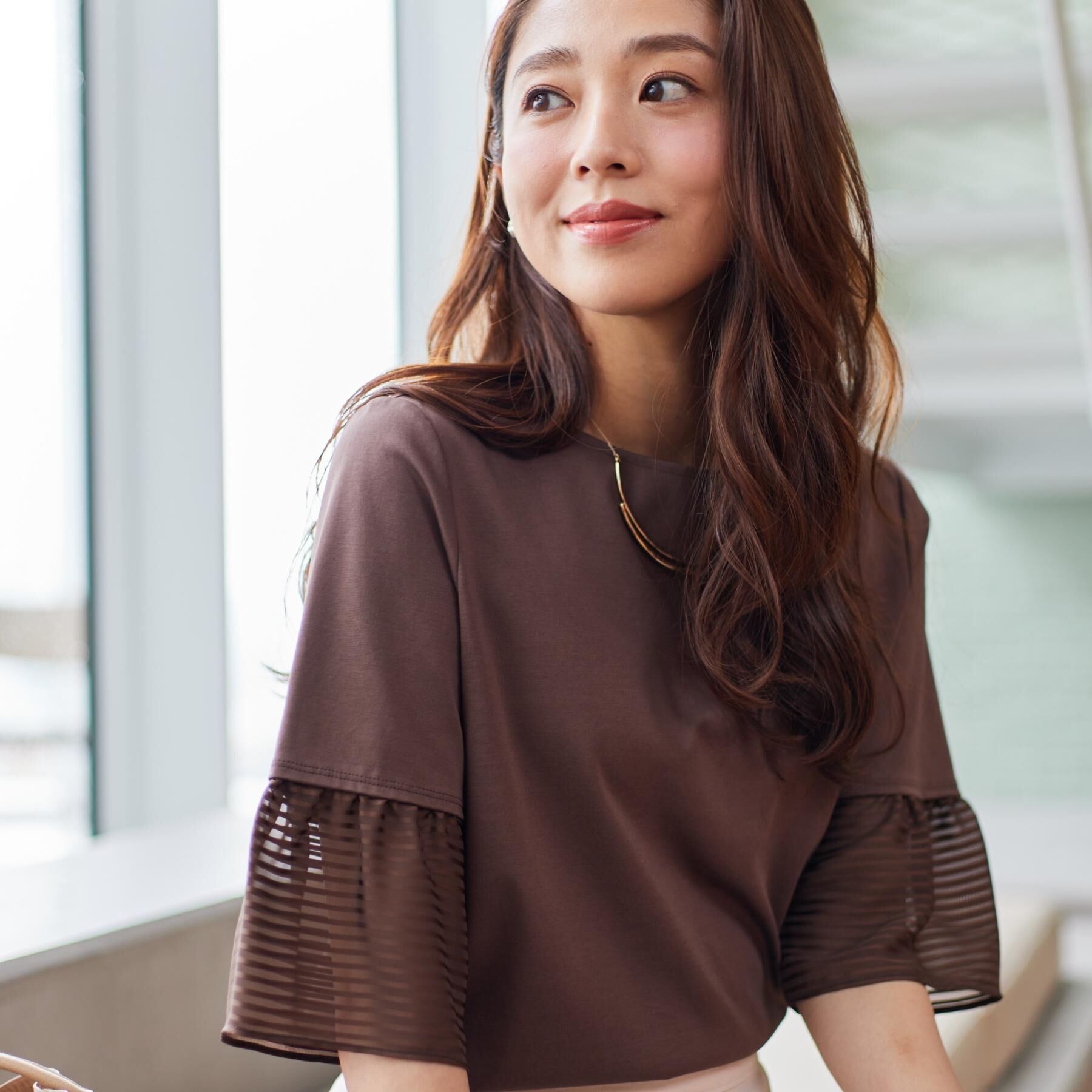 COUP DE CHANCE「【5分袖／日本製／接触冷感】異素材ドッキングカットソー」|Tシャツ・カットソー|