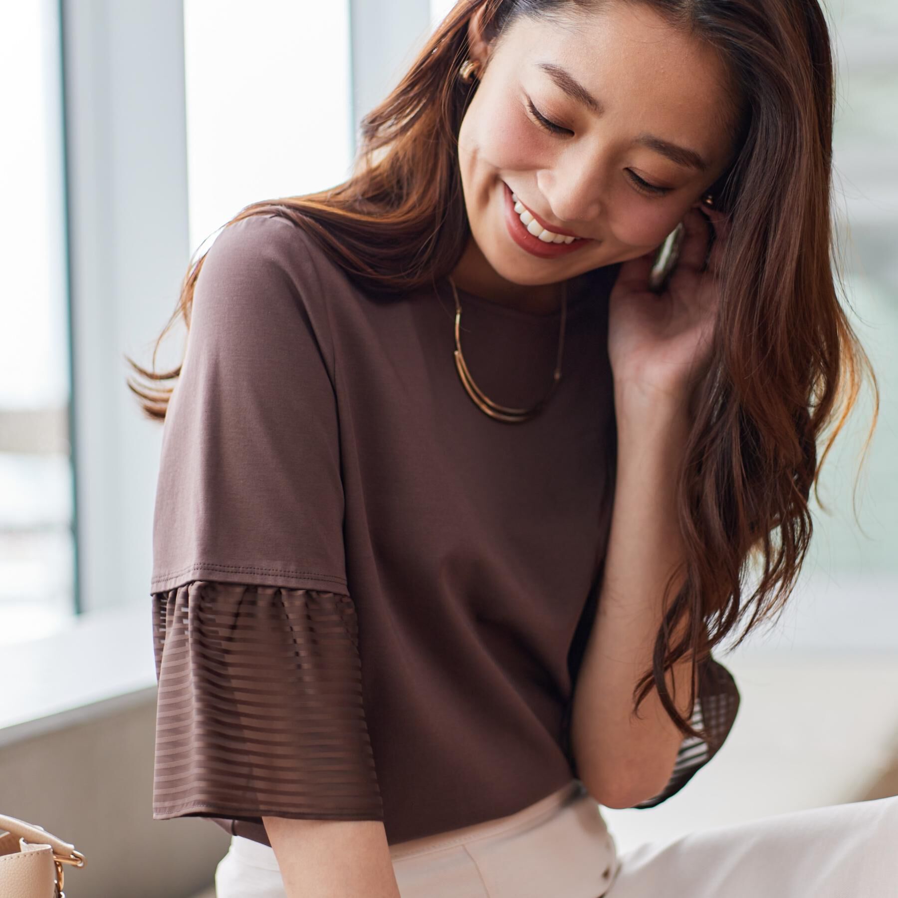 COUP DE CHANCE「【5分袖／日本製／接触冷感】異素材ドッキングカットソー」|Tシャツ・カットソー|