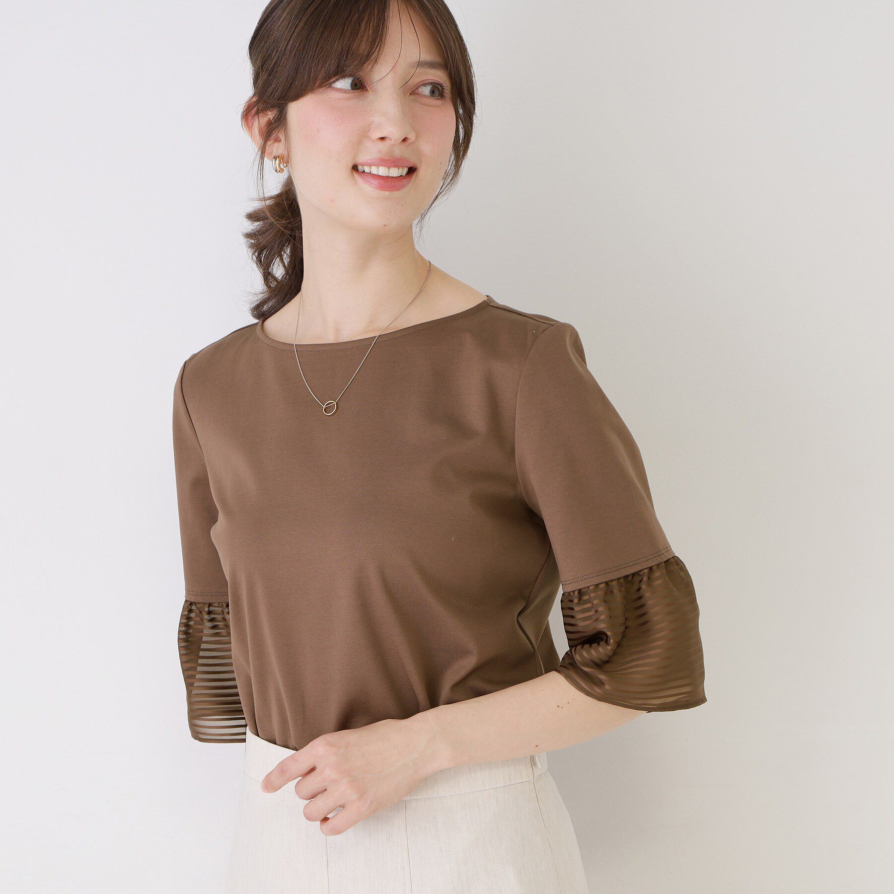 COUP DE CHANCE「【5分袖／日本製／接触冷感】異素材ドッキングカットソー」|Tシャツ・カットソー|