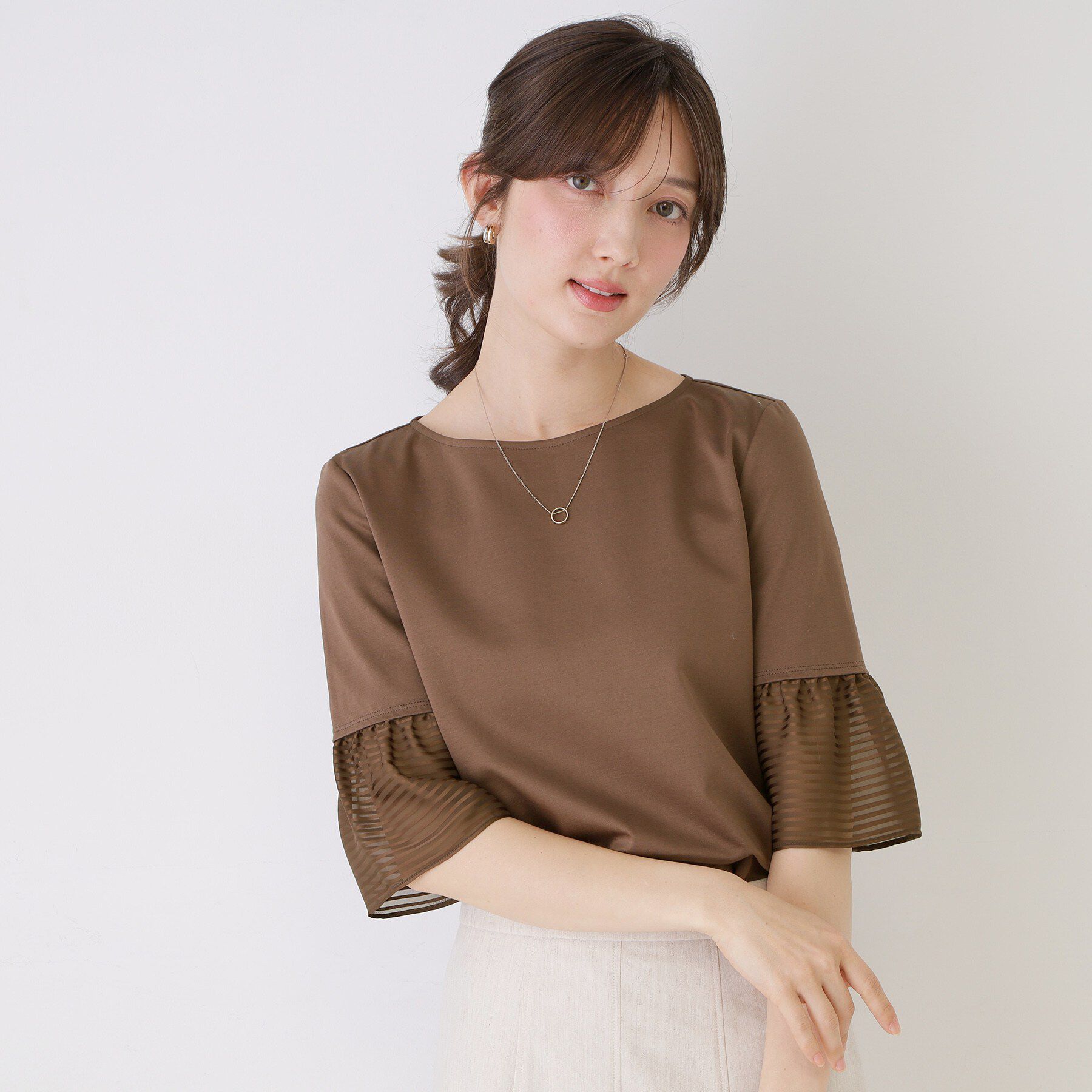 COUP DE CHANCE「【5分袖／日本製／接触冷感】異素材ドッキングカットソー」|Tシャツ・カットソー|ブラウン(043)
