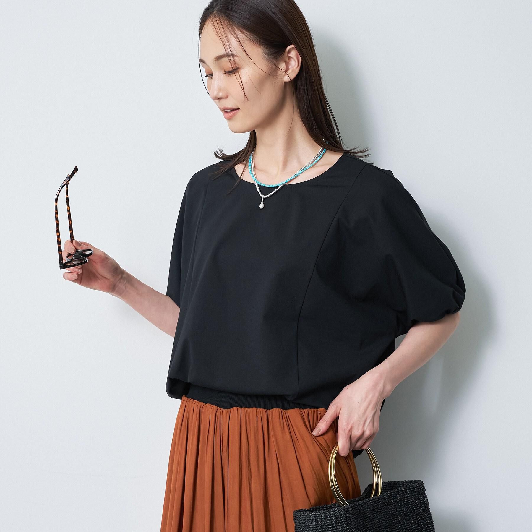 Reflect「【UVカット／接触冷感／吸水速乾】ギャザースリーブカットソー」|Tシャツ・カットソー|ブラック(019)