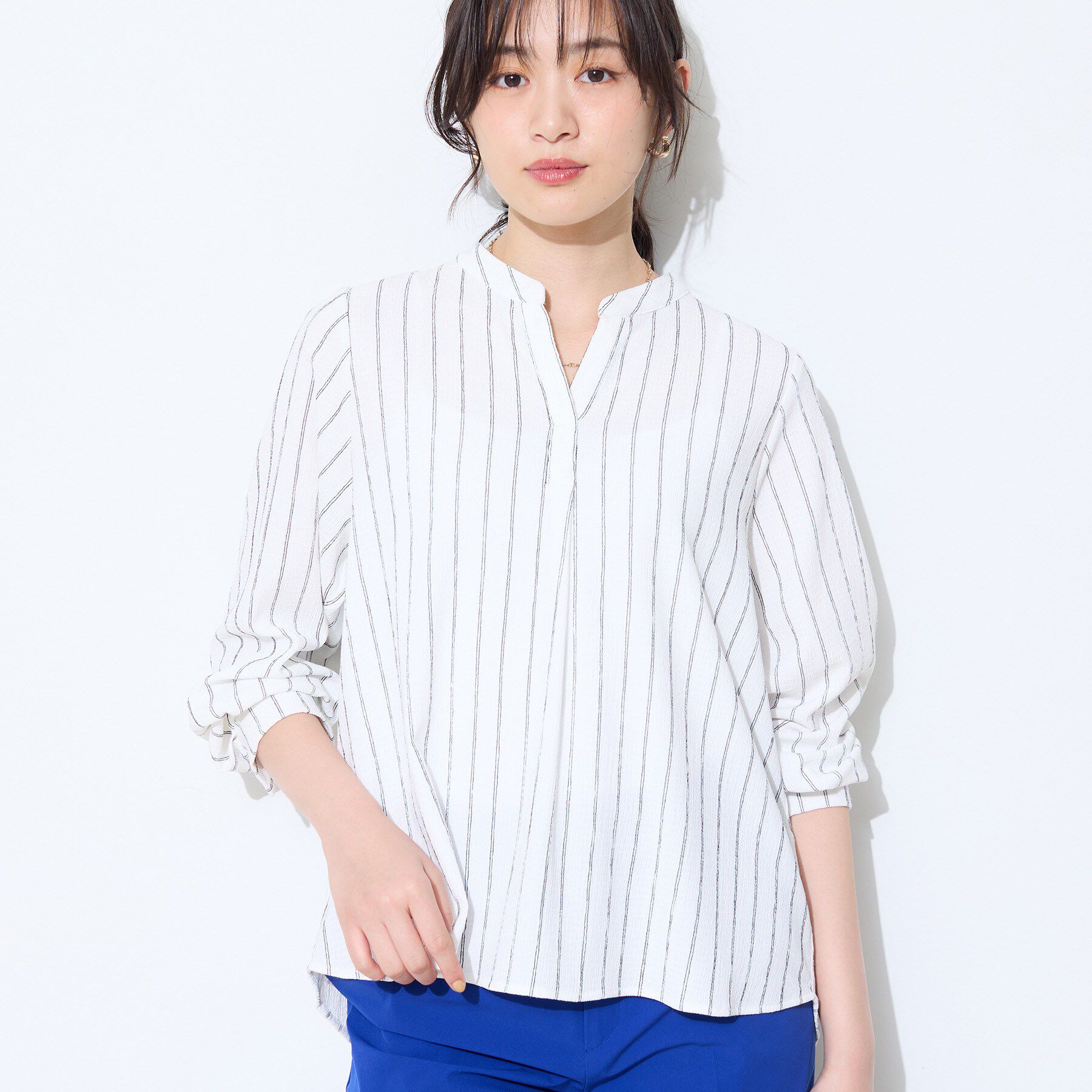 INDIVI「【洗える／着心地楽ちん】ブラウス風ストライプカットソートップス」|Tシャツ・カットソー|