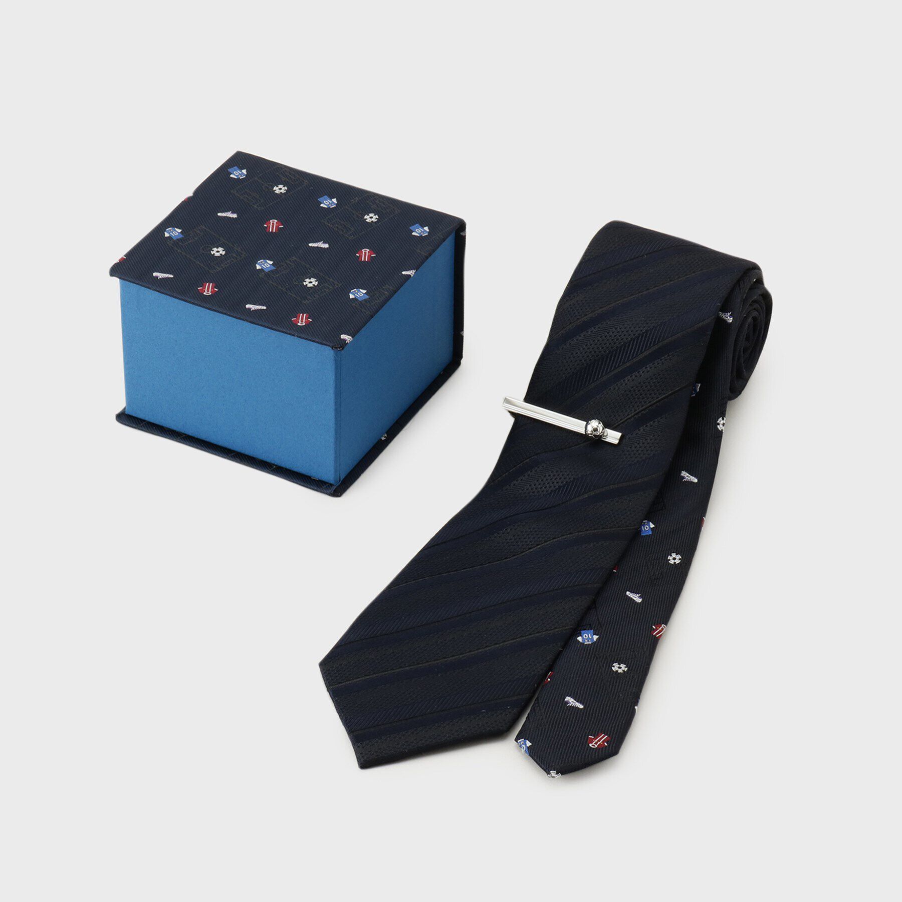 TAKEO KIKUCHI「【BOXセット】Enjoy Sports ネクタイ＆タイバー」|ネクタイ・蝶ネクタイ|ネイビー・サッカー柄