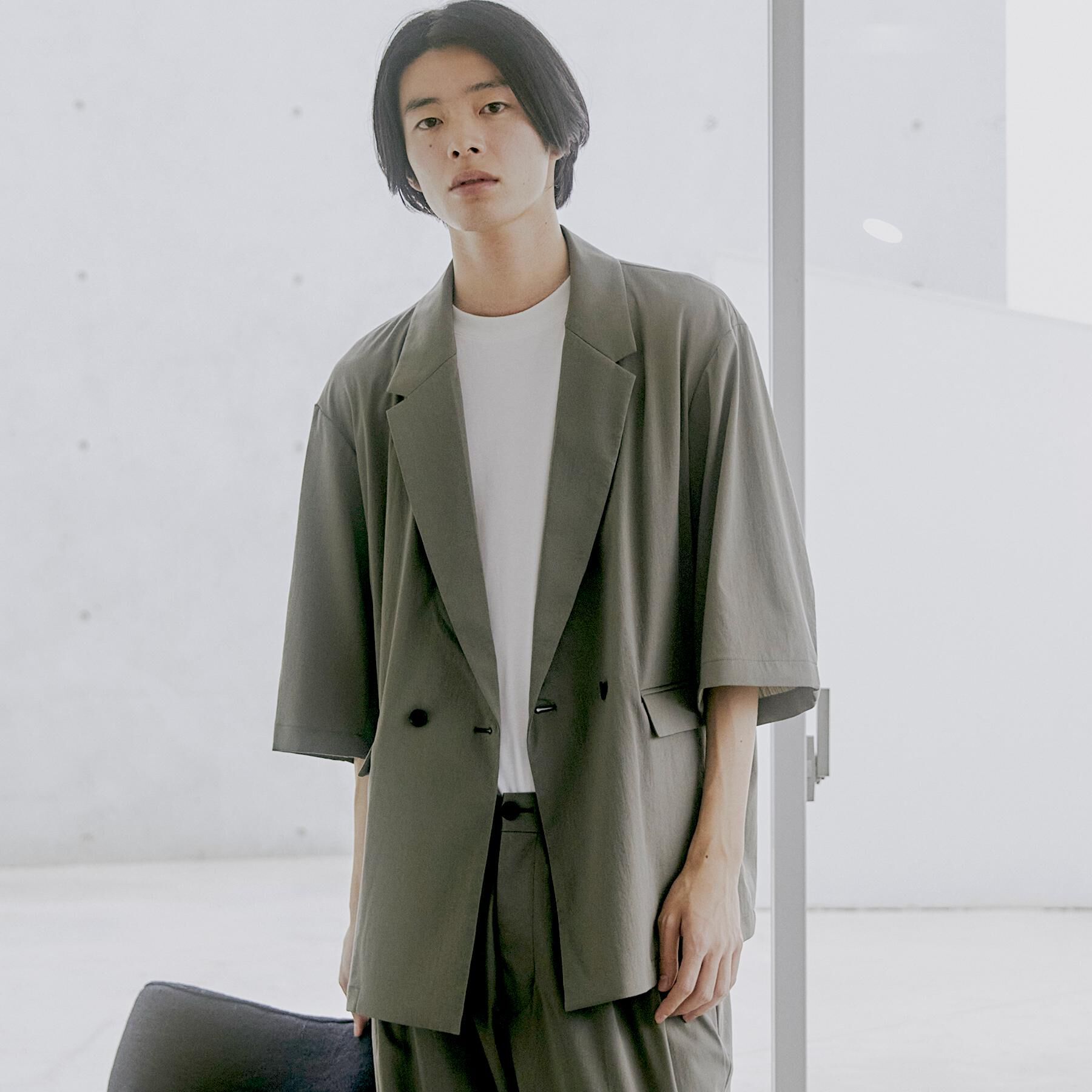 tk.TAKEO KIKUCHI「【接触冷感／UVCUT／セットアップ対応可】COOL PLAY5部袖ジャケット」|テーラードジャケット|オリーブグリーン(0