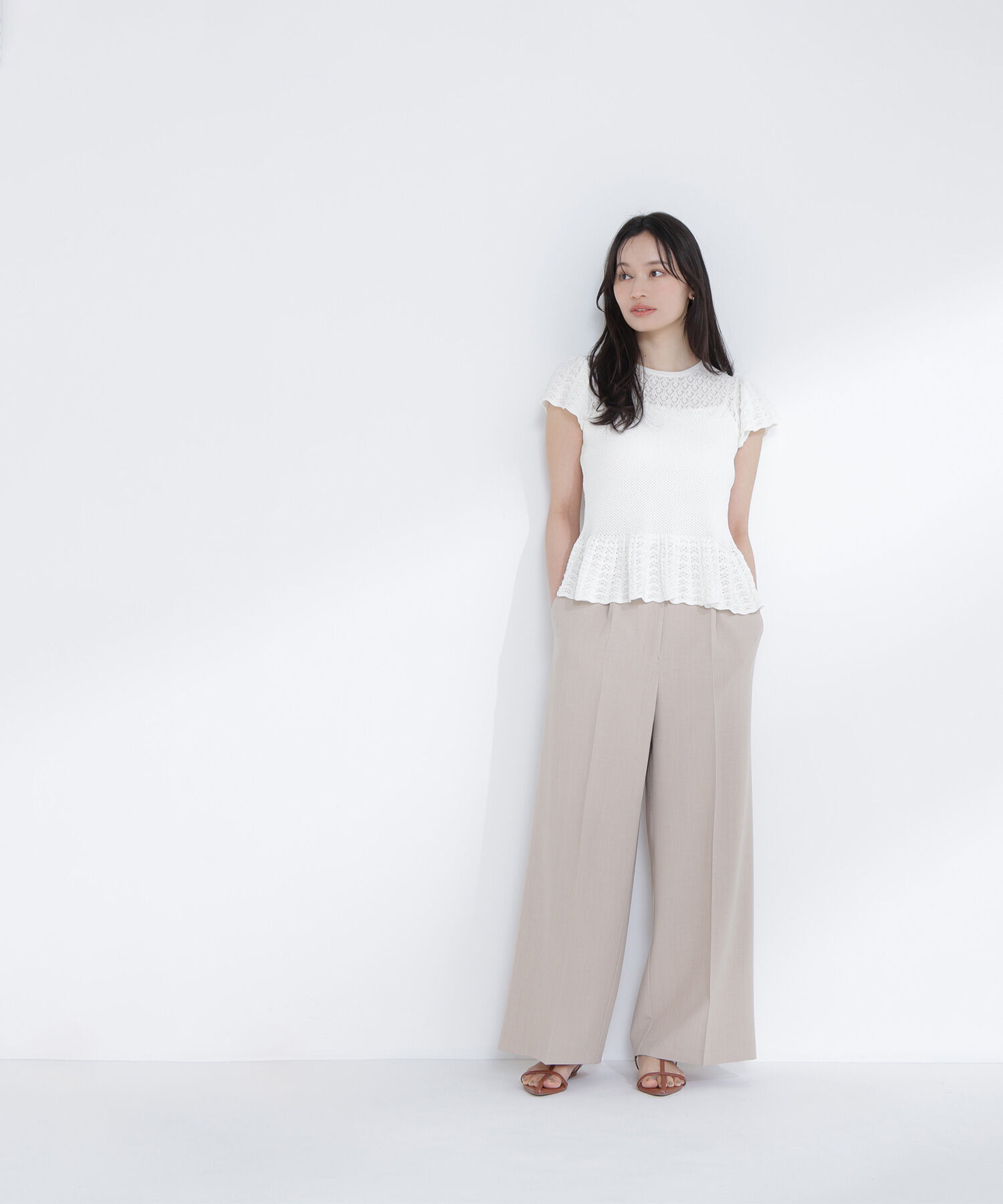  「ナローリボンタックワイドパンツ」|その他|ベージュ