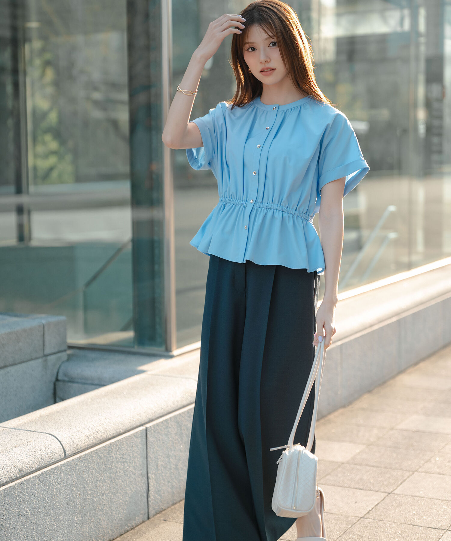  「ナローリボンタックワイドパンツ」|その他|ネイビー