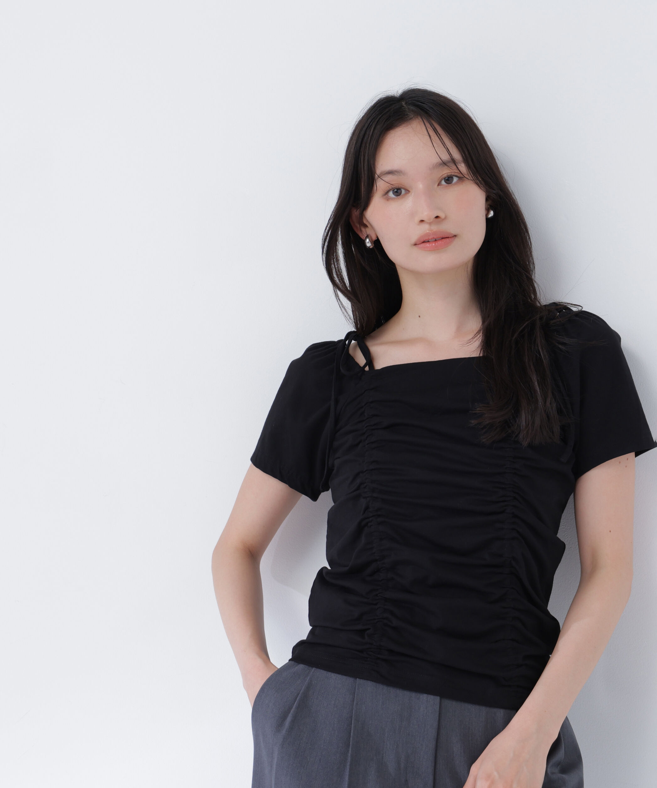  「ショルダーリボンドロストカットソー」|Tシャツ・カットソー|ブラック