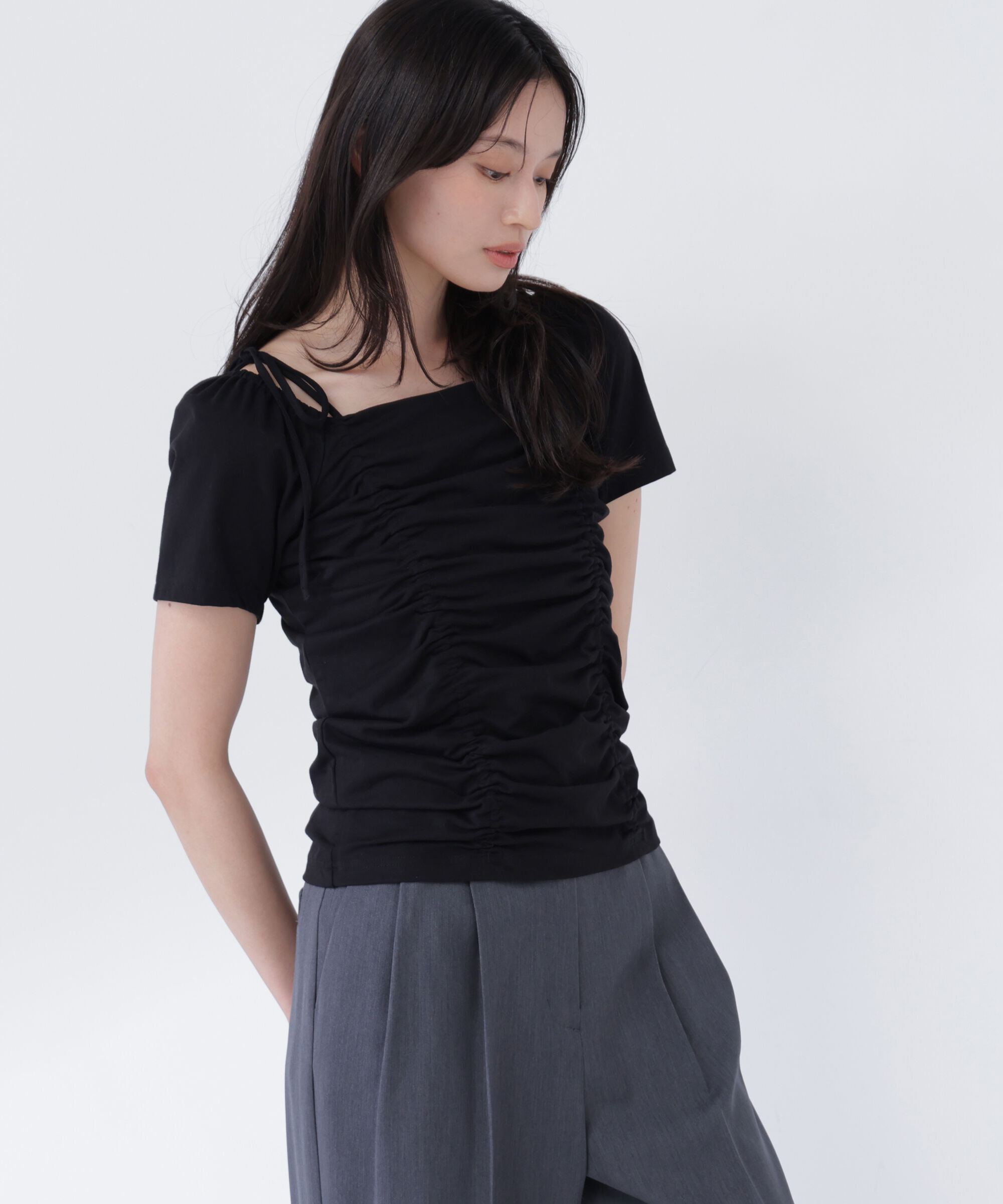  「ショルダーリボンドロストカットソー」|Tシャツ・カットソー|