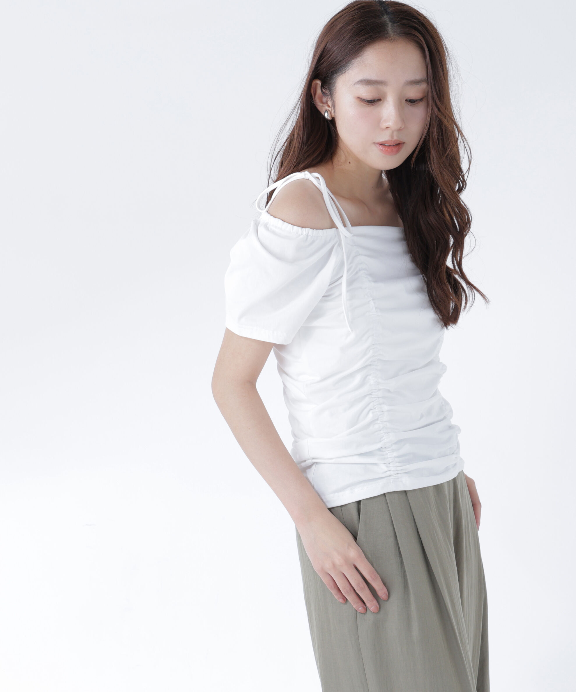  「ショルダーリボンドロストカットソー」|Tシャツ・カットソー|