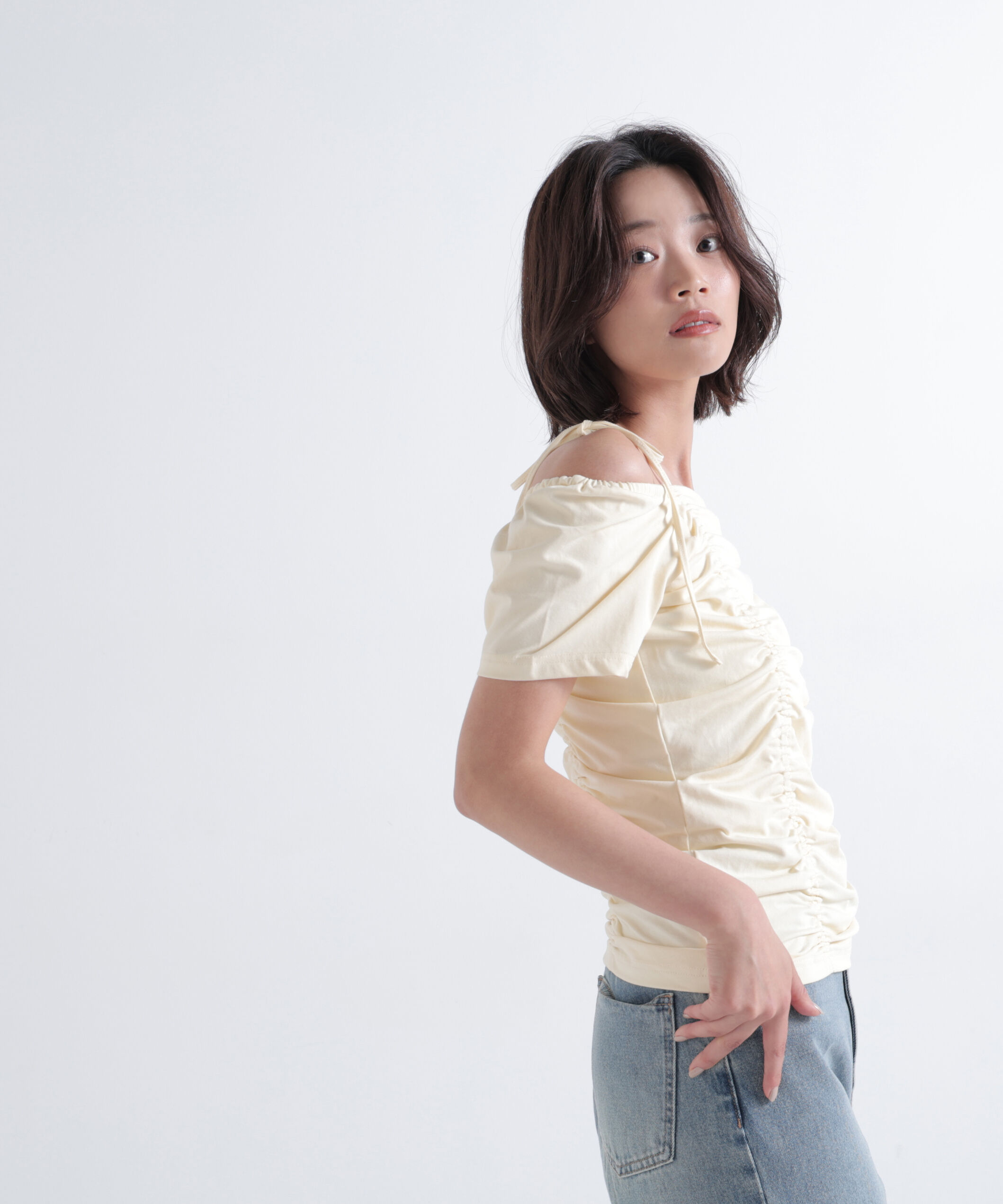  「ショルダーリボンドロストカットソー」|Tシャツ・カットソー|