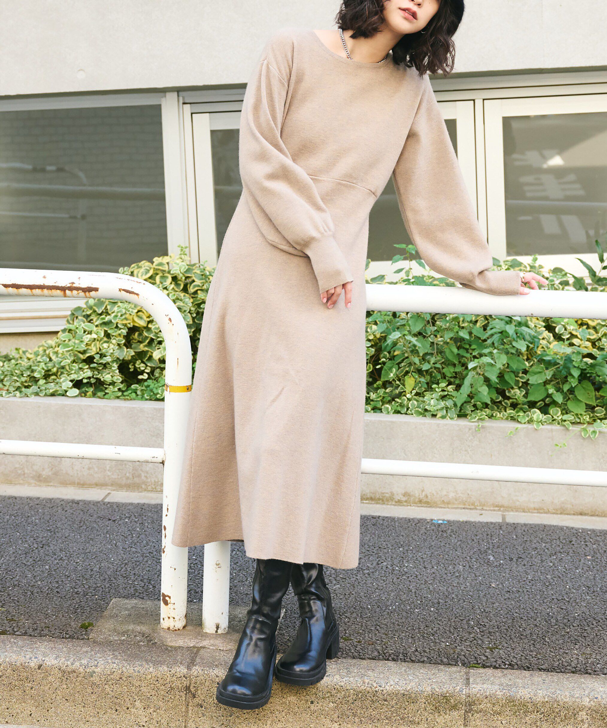  「バックレースアップロングニットワンピース」|ワンピース|