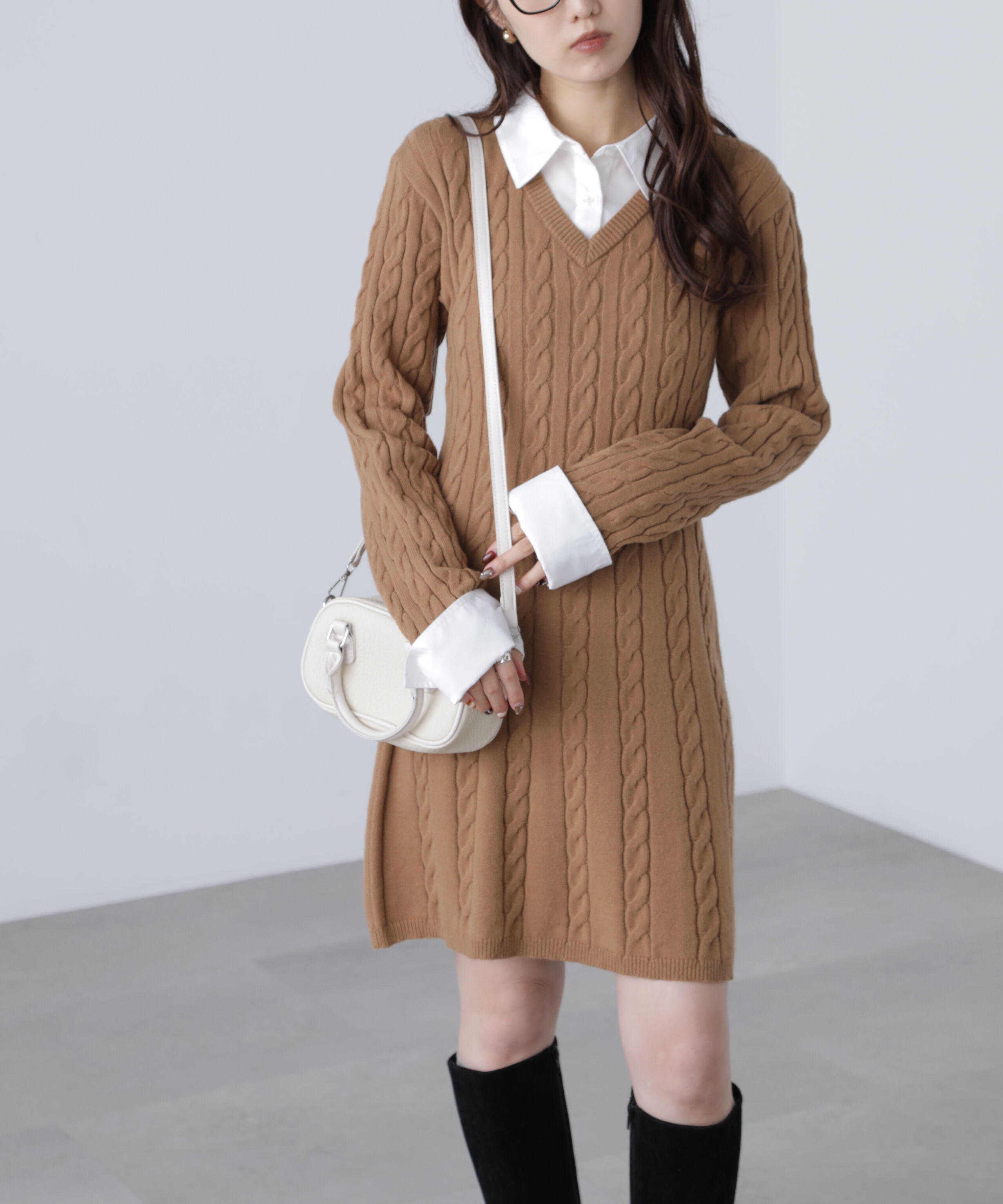  「レイヤード風ケーブルニットミニワンピース」|ワンピース|